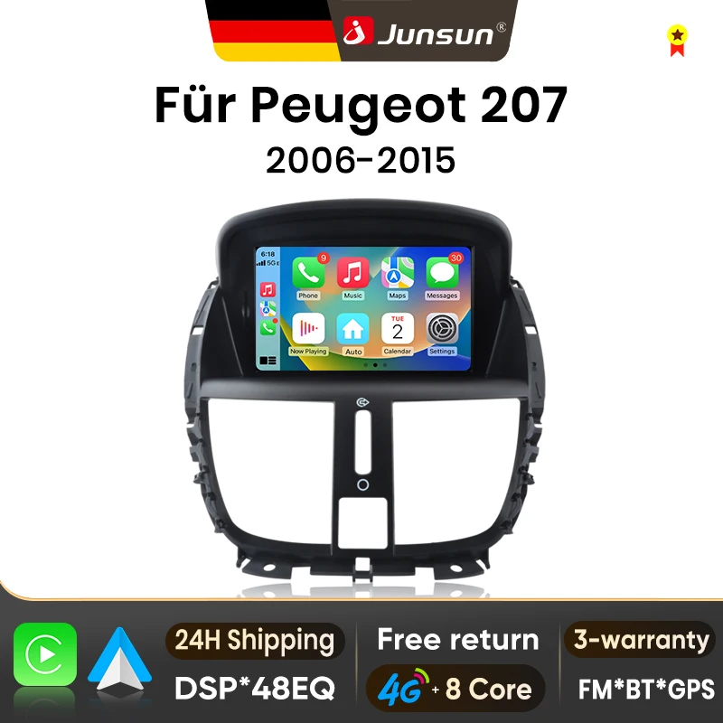 Autoradio Android 7 pouces Junsun pour Peugeot 207 207CC 2006-2015, CarPlay, système multimédia intelligent, FM RDS