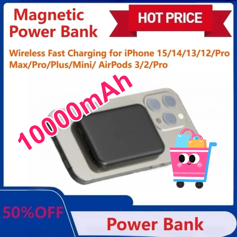 

10000mAh Magnetic Power Bank PD10W Wireless Fast Charging for iPhone 12/14/15/13/Pro Max/Pro/Plus/Mini/ AirPods 3/2/Pro