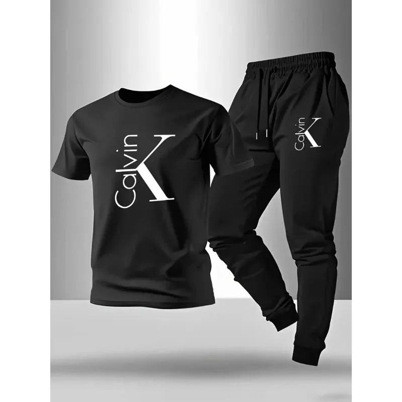 

Letter-printed casual sports outfit for men summer stylish loose-fit long pants in a trendy two-piece set men's complete outfit