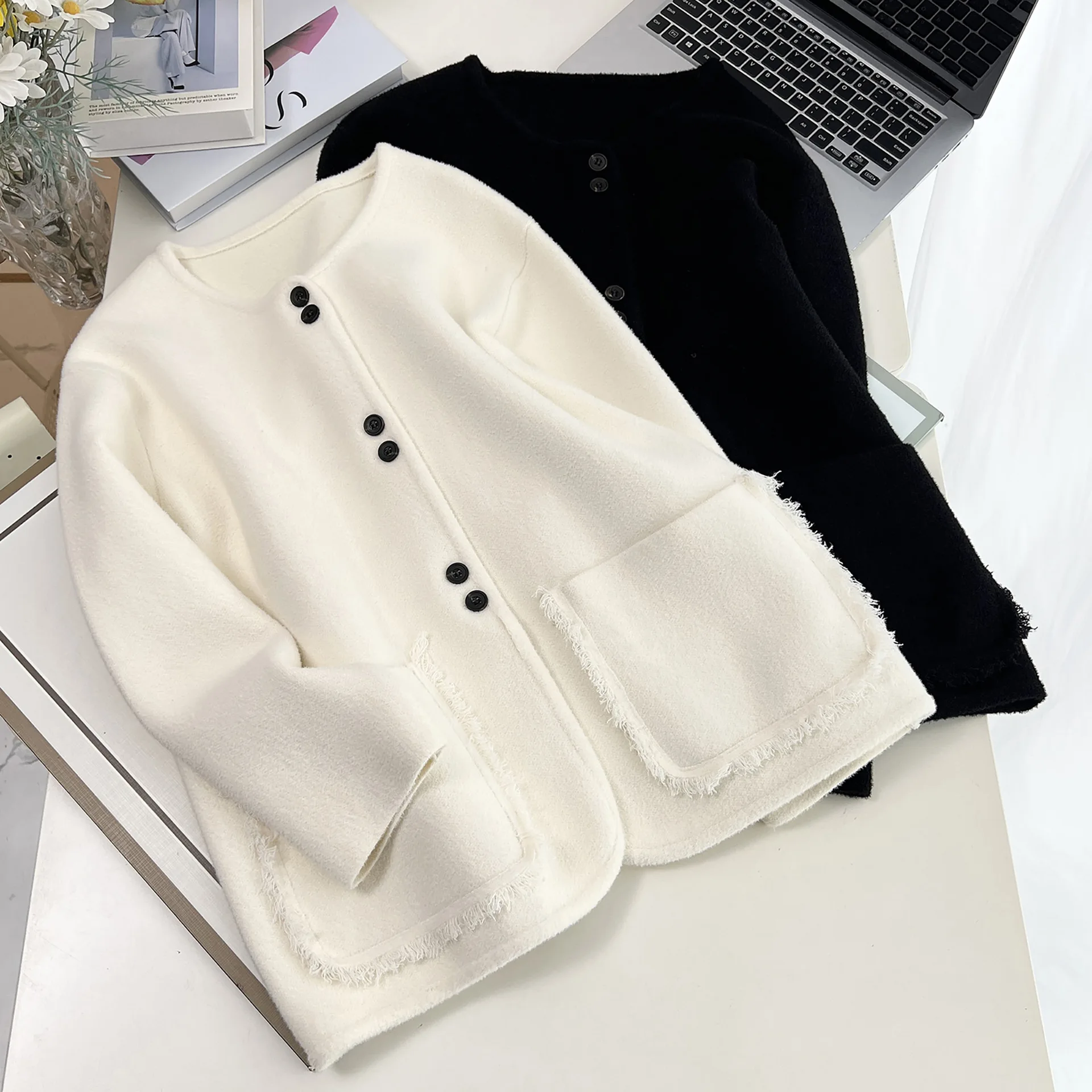 Fashion Plus Size Women's Woolen Coat Korean-style Elegant Pocket Casual Cardigan Overcoat 2520