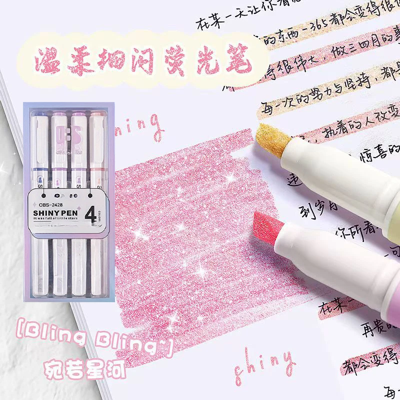 4 Farben ästhetische Stern-Glitzer-Textmarker, glänzendes Sammelalbum, Doodle-Stift, Notizbuch, Highlight-Marker, Bleistift, Kawaii-Kinder-Briefpapier
