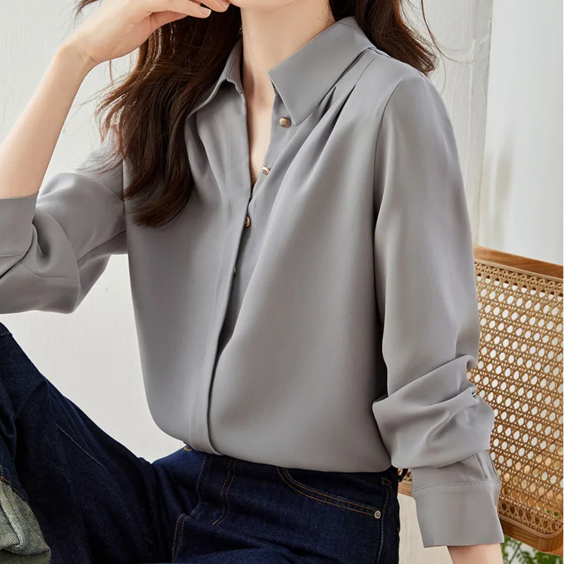 Autumn Fashion New Office Lady Long Sleeve V-Neck Women Shrit Button Grey Chiffon Shirt Blouse Women Tops Camisas De Mujer C03