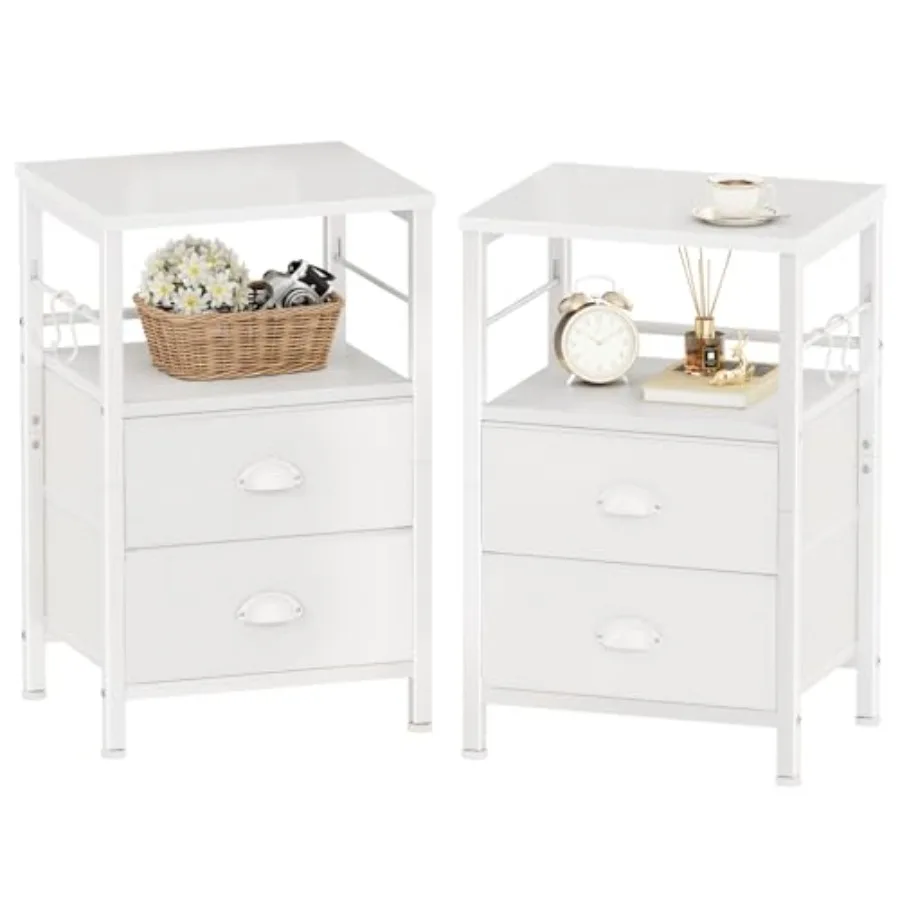 

Nightstands Set of 2, End Table with 2 Fabric Drawers, Night Stand with 2 Hooks, Open Wood Shelf Bedside Table for Bedroom/Livi