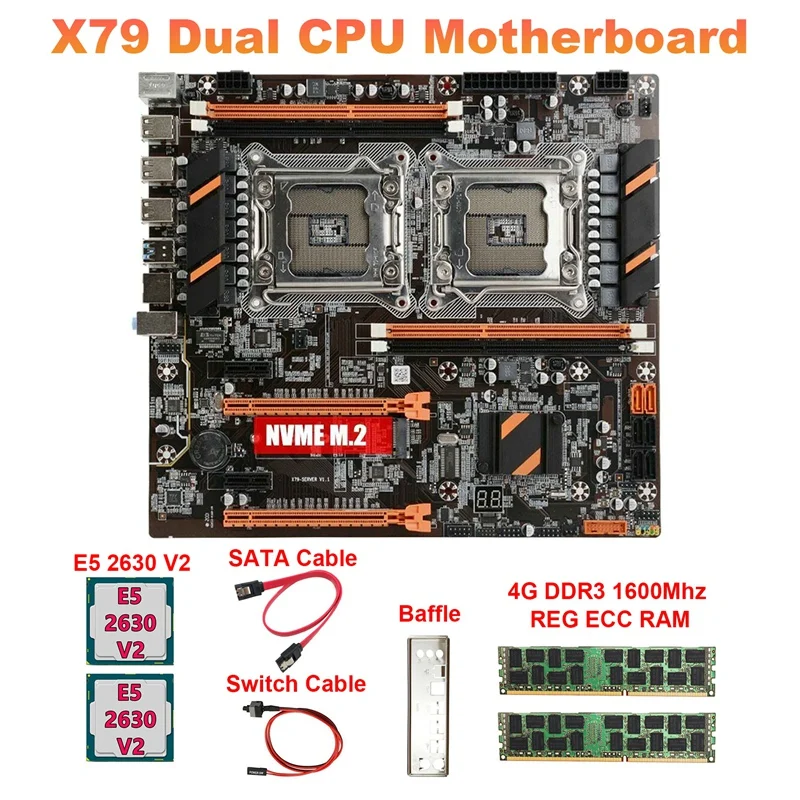 X79 Dual CPU Motherboard+2XE5 2630 V2 CPU+2X4GB DDR3 1600Mhz RECC Ram+SATA Cable+Switch Cable+Baffle LGA2011 M.2 NVME