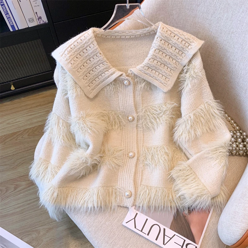 Korean Ins Sweater Autumn Winter New Hot Item Navy Collar Plush Patchwork Jacket Loose Slimming knitted Cardigan Coat Women