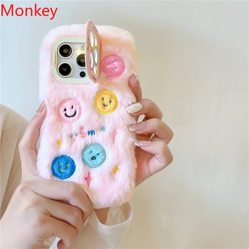 Fur Embroidered Funny Smiley Face Camera Lens Phone Holder Case For iPhone 16 15 Plus 14 Pro Max 13 12 11 Fluffy Soft Back Cover