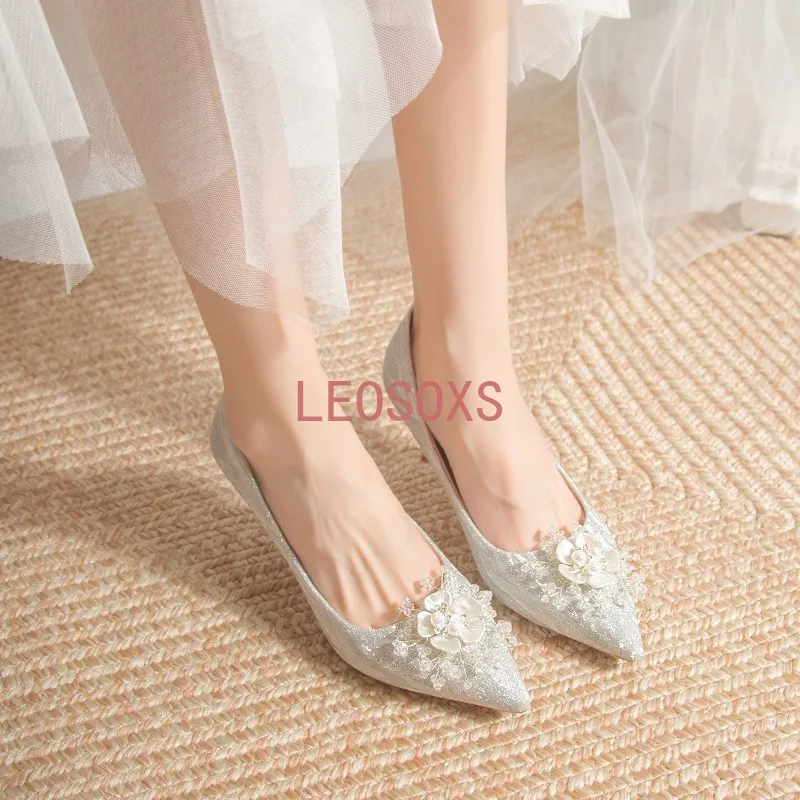 New Shiny Buckle Stiletto Shoes 2023 Women's Pearl Stiletto All-match Wedding Party Shoes Women's Pointed Toe Slip-on High Heels