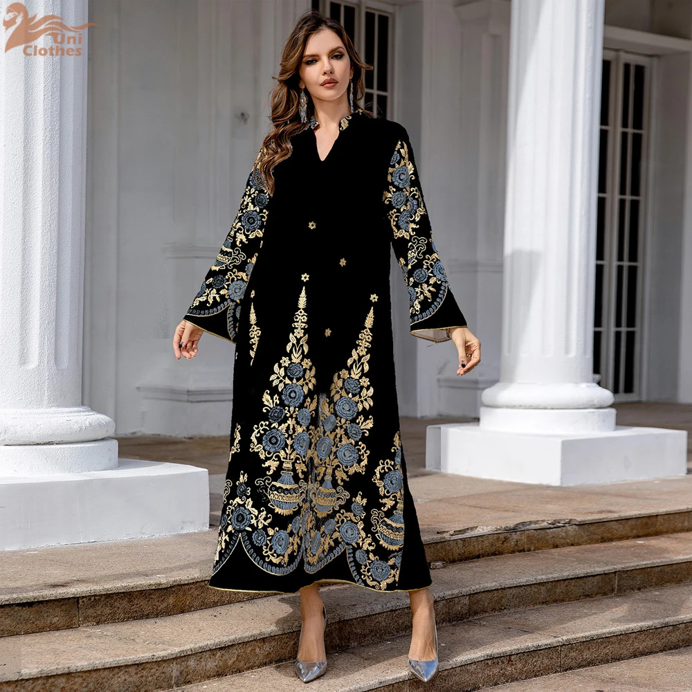 Uni Ramadan Dubai Embroidery Abayas Muslim Elegant Women Evening Dress V-Neck Long Sleeve Kaftan