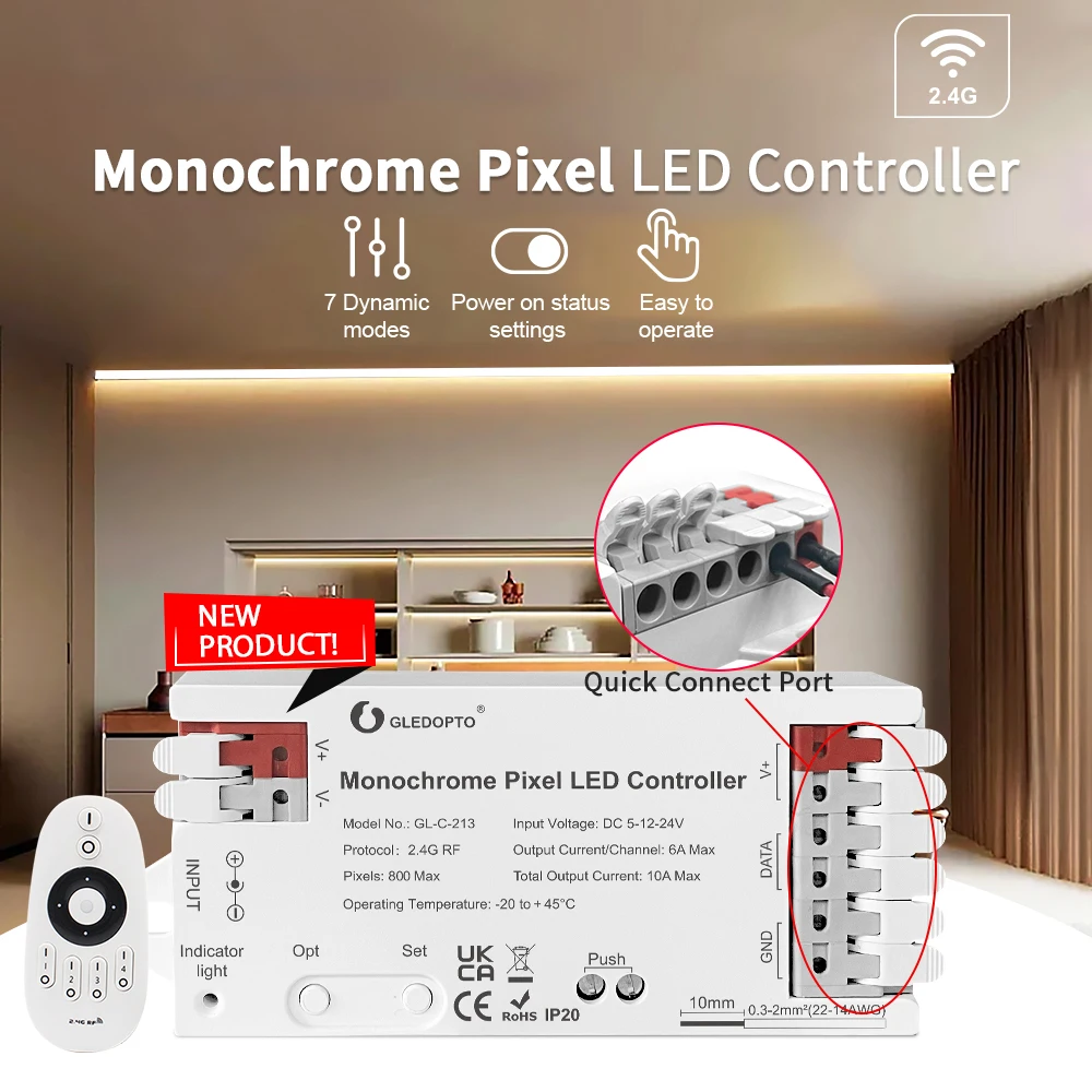 GLEDOPTO Monochrome Pixel LED Controller DC 5-24V 2.4G RF Remote Single Color SPI Dimming Running Water Follow LED Strip Light
