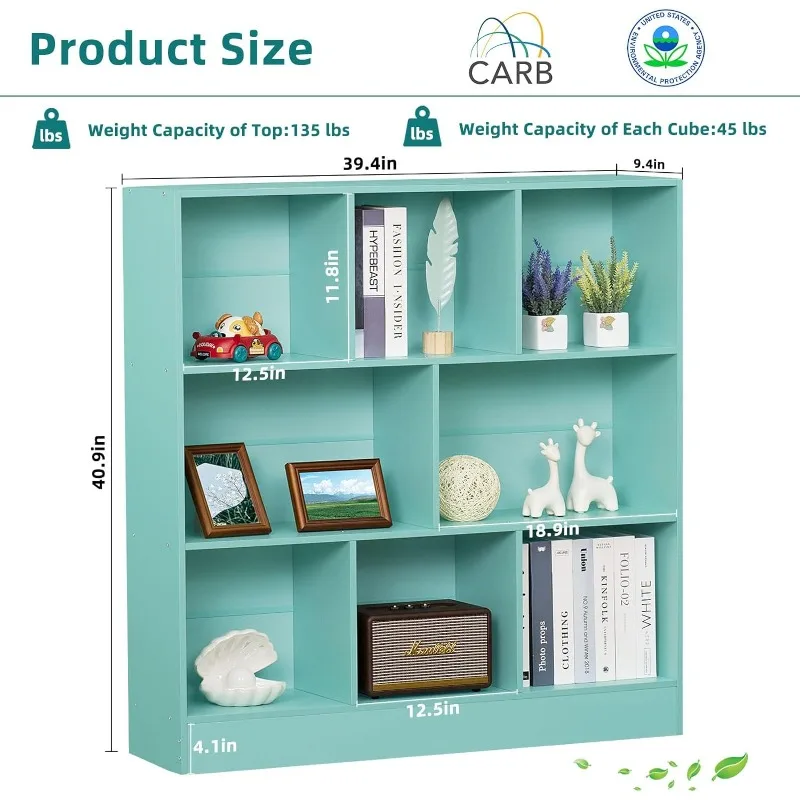 8 Cube Bookshelf with Base,3 Tier Modern Mint-Green Kids Bookcase,Standing Wide Bookshelves Storage Organizer Toy