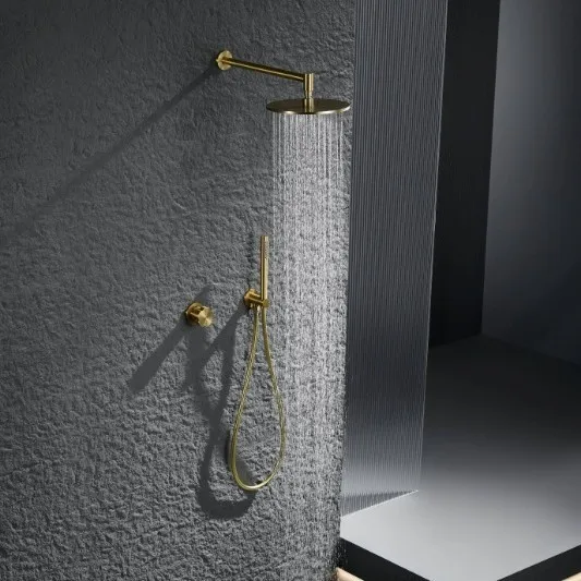 Brushed Gold Shower Set Wall Mounted Minimalist Bathroom Fixture Hot Cold Water Hidden