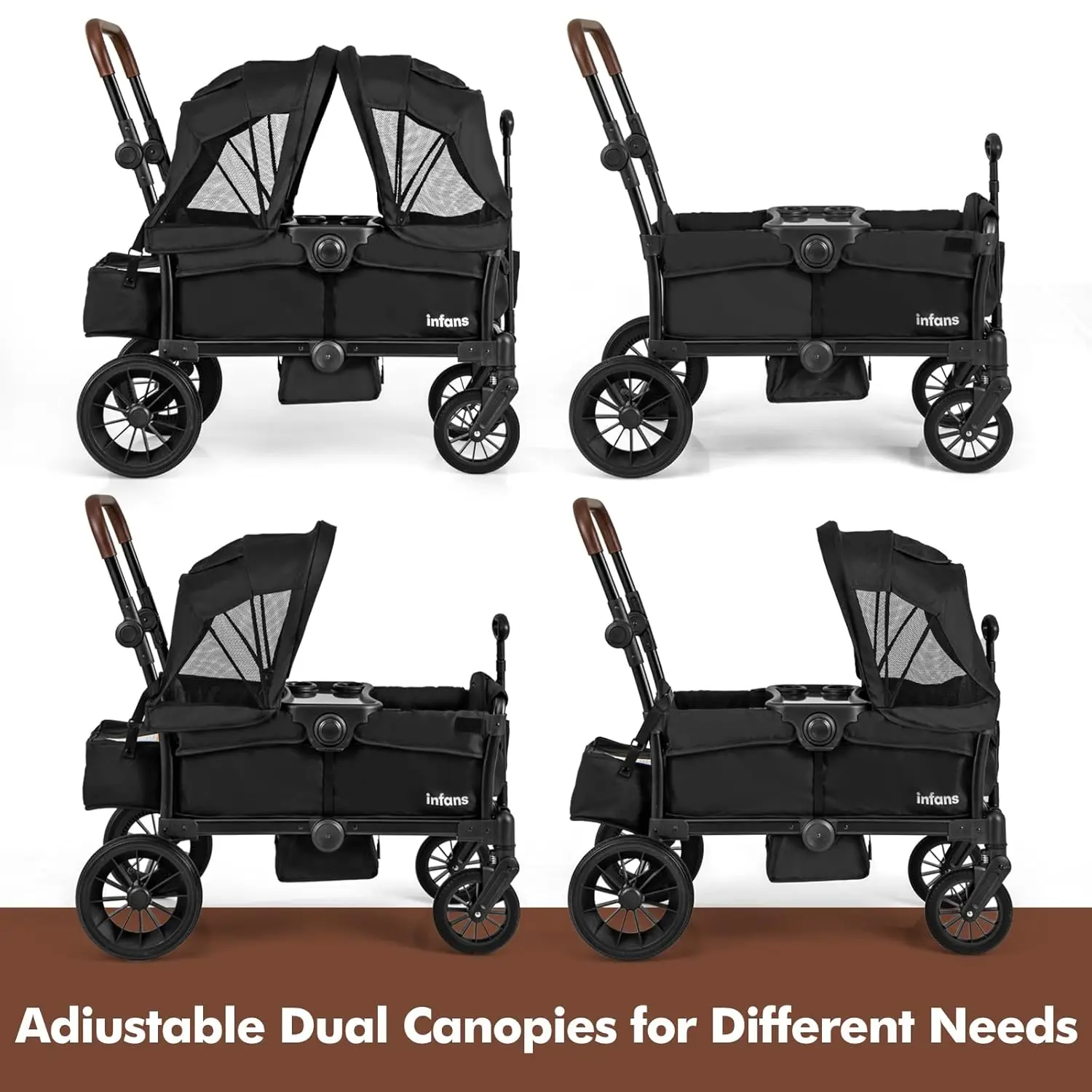 Wagon Stroller for 2 Kids, Collapsible Adjustable Push Pull Handle Bar, 2 Seater Stroller Wagon with Removable Canopy Snack Tray