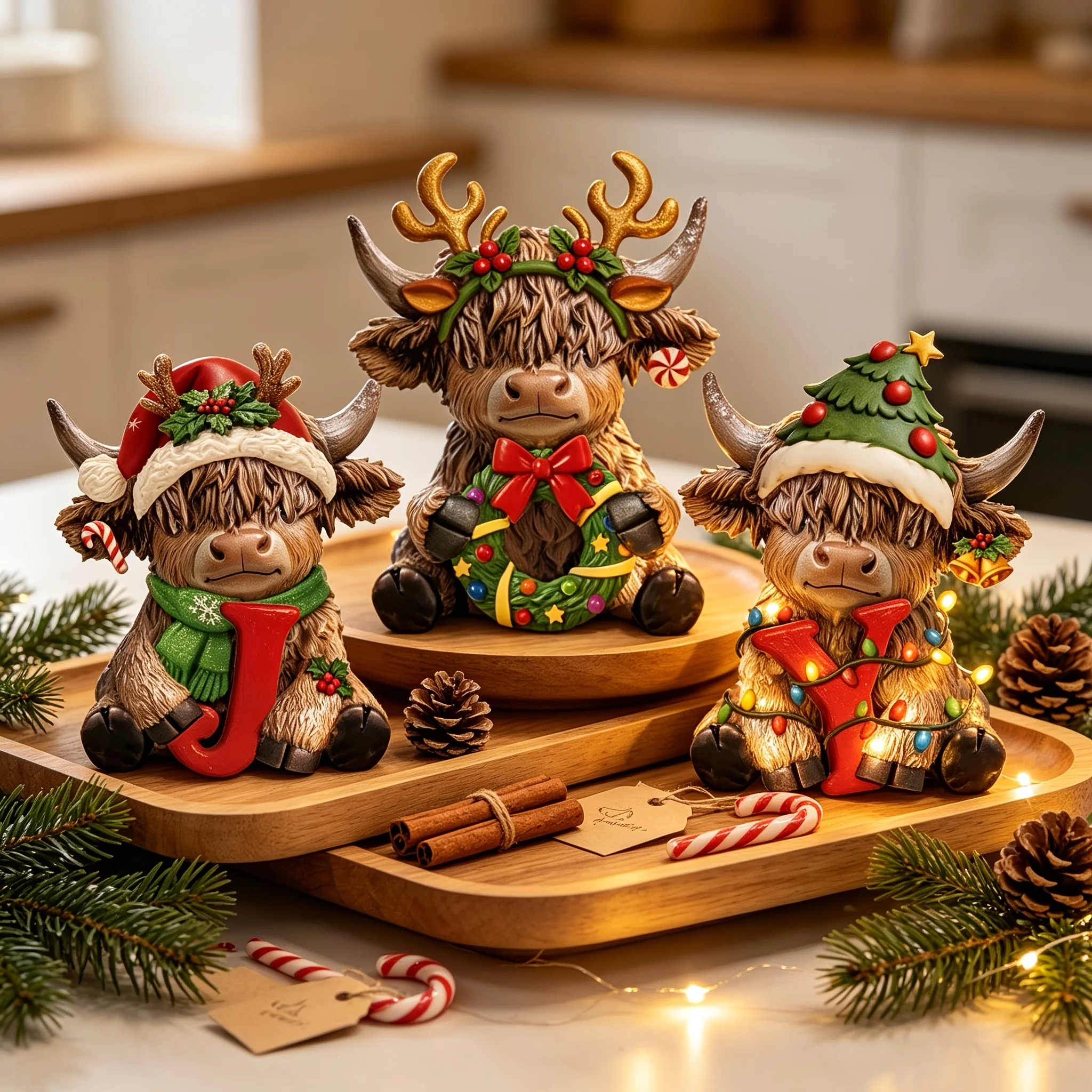 6/3 Pieces of Randomly Assorted Scottish Highland Wooden Decorative Ornaments, 2D Flat Figures with the Word 
