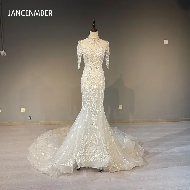 

Jancember Sequins Sheath High Neck Short Sleeves Button Illusion Mermaid Wedding Dress 2023 Elegant Wedding 1003