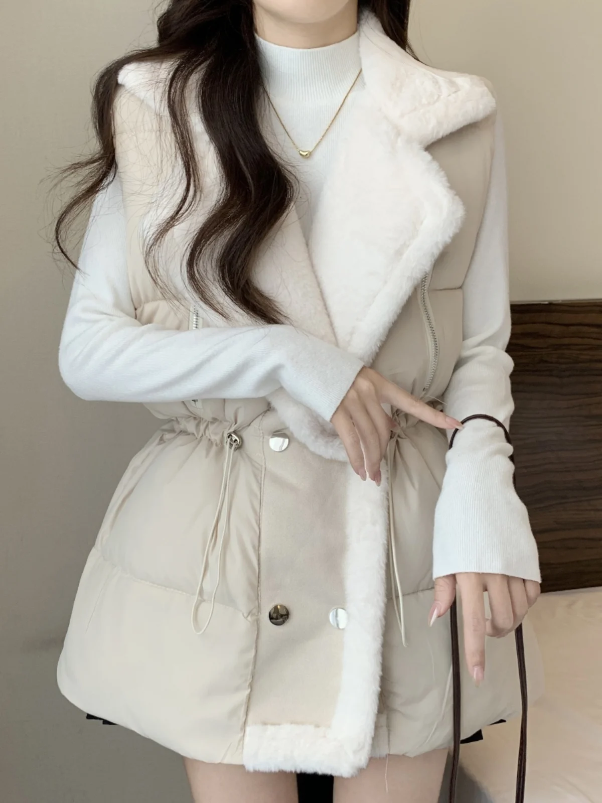 

Autumn Winter Thiened Lamb Fur Collar Svel Cotton Vest Large Size Women's Waist-Cinching Outerwear Jaet