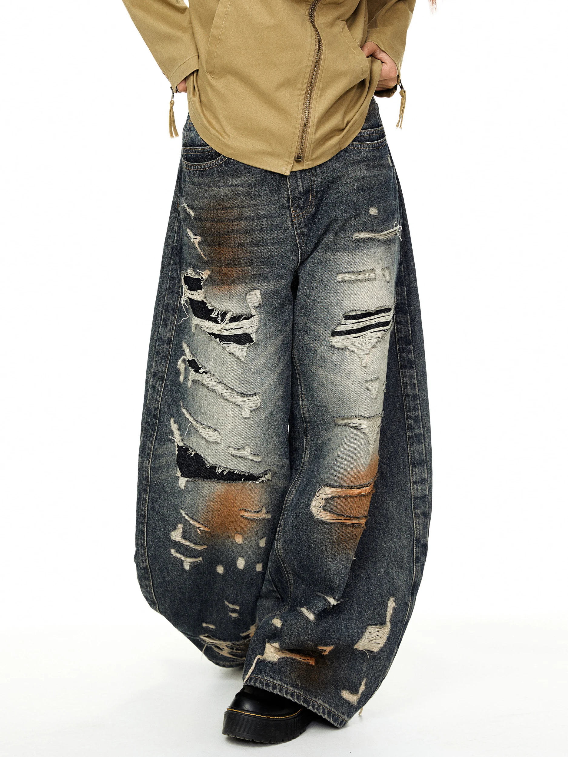 

Джинсы Blabb American Retro: женские, рваные, свободного кроя, прямые, в пол, с высокой талией, из хлопка, повседневные