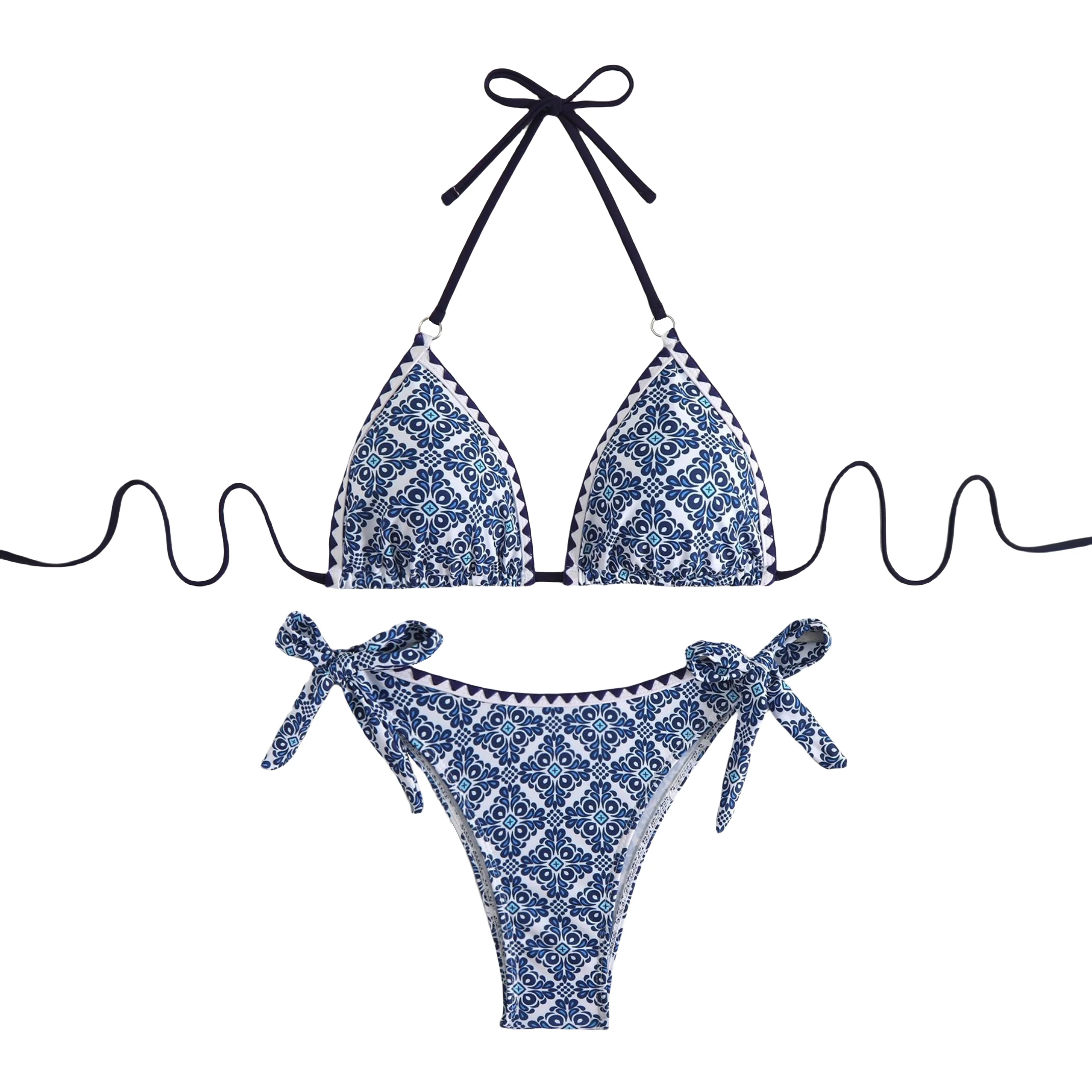 

Fashion Blue and White Floral Bikini Sets Two Piece Women's Swimsuit Summer Pool Sexy Halter Bikini Beach Swimwear for Women