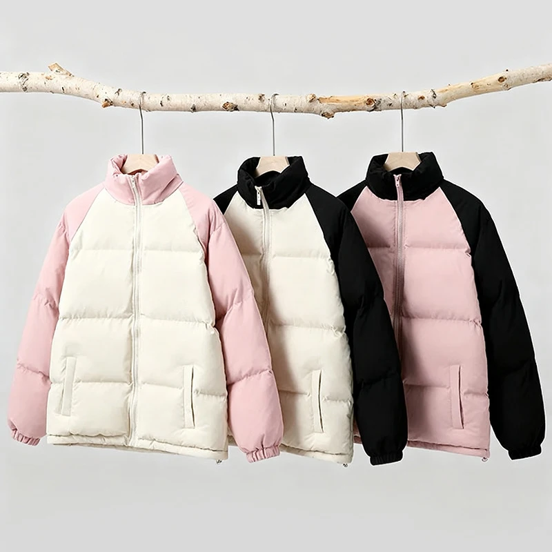 

Winter Women's Cotton Jacket Fashion Loose Zipper New outerwear Couple Style Thickened Warm Stand Collar Contrast Color Top