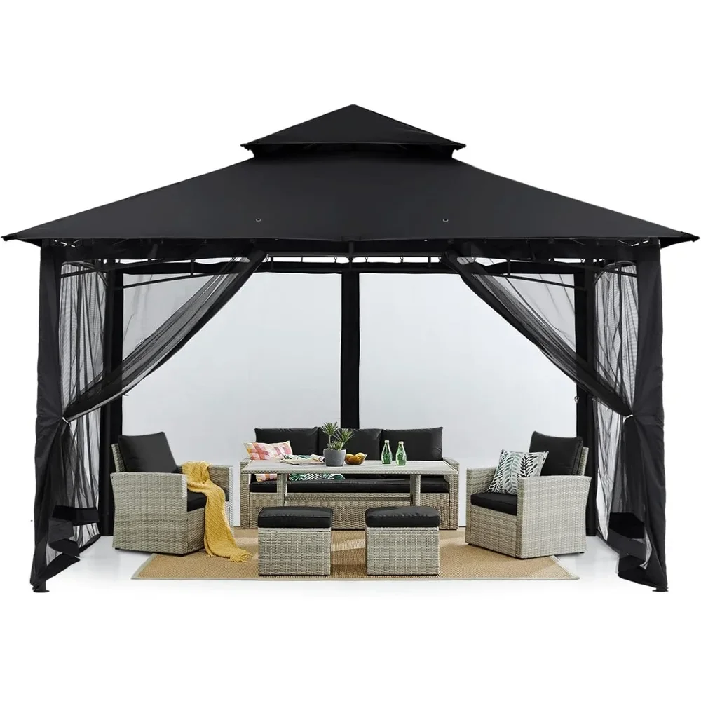 Outdoor Garden Gazebo for Patios with Stable Steel Frame and Netting Walls (10x10,Black) Arches, Arbours, Pergolas & Bridge