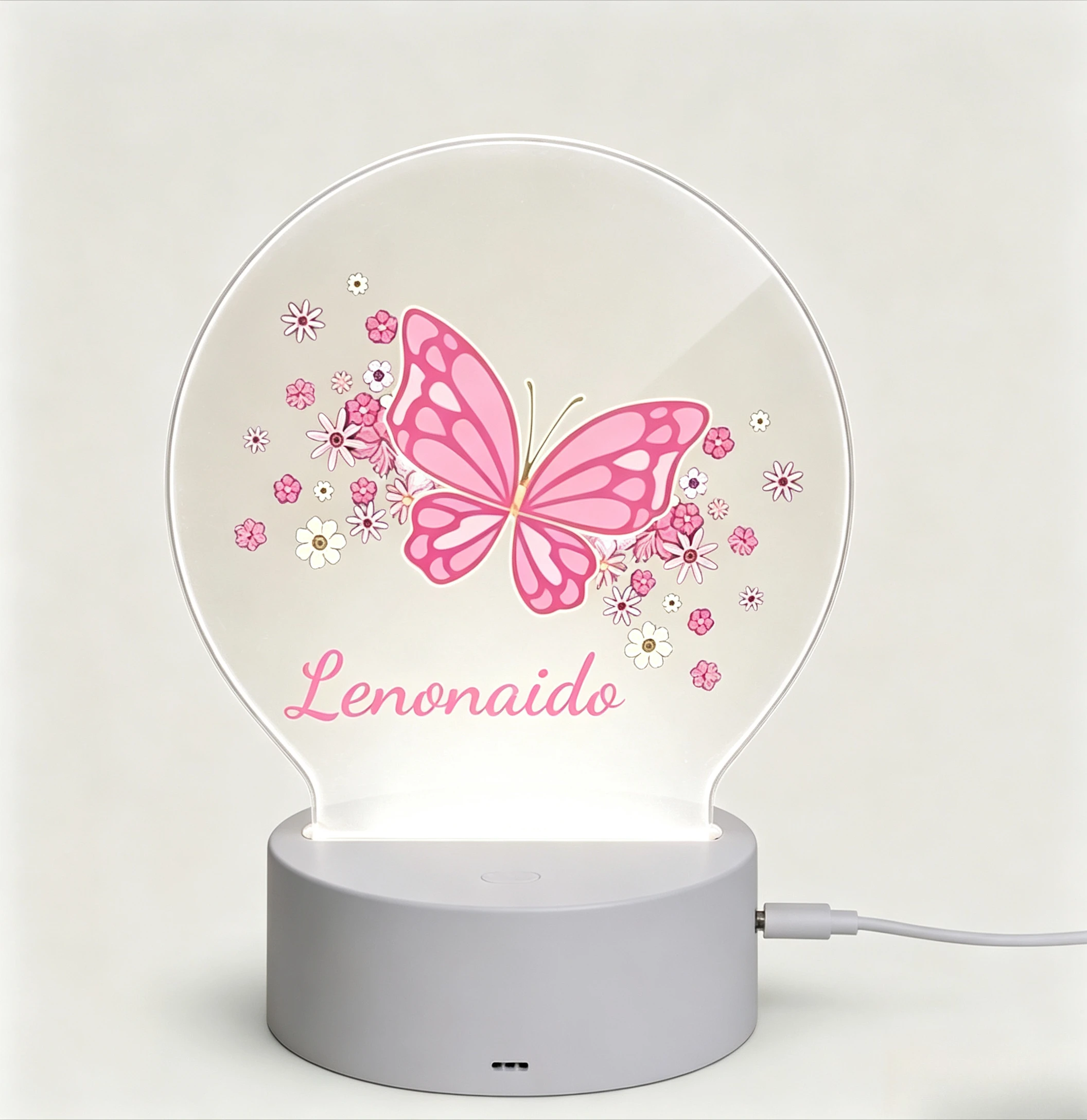 Custom Name LED Acrylic Night Light, Pink Butterfly Floral Pattern USB Touch Lamp For Girls Bedroom Decor Gift