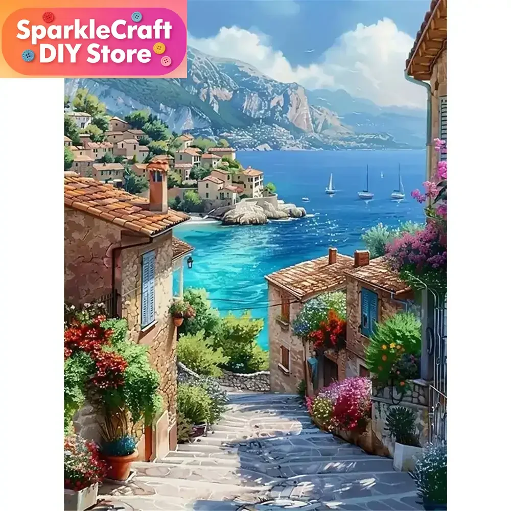 1pc frameless  Diamond Painting Street Seaside DIY Full Square Diamond Mosaic Town Landscape Picture Rhinestone Home Decor