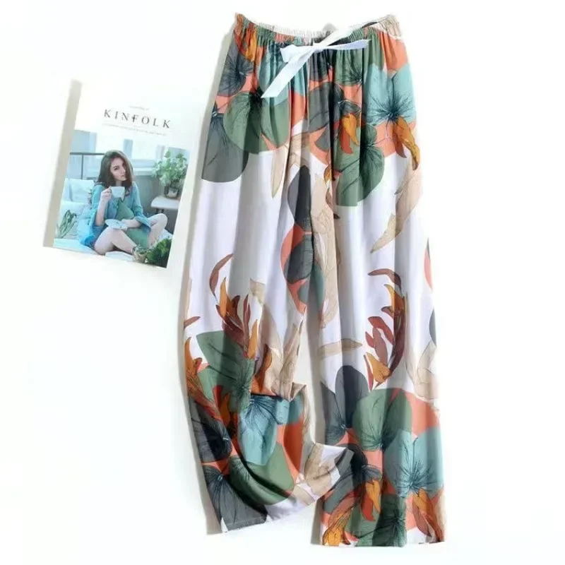 Summer Sleepwear Women Pants Pajama Printed Wide Leg Sleep Bottoms Cotton Pants Calf-Length Pants Elastic Waist Casual Clothes image 6