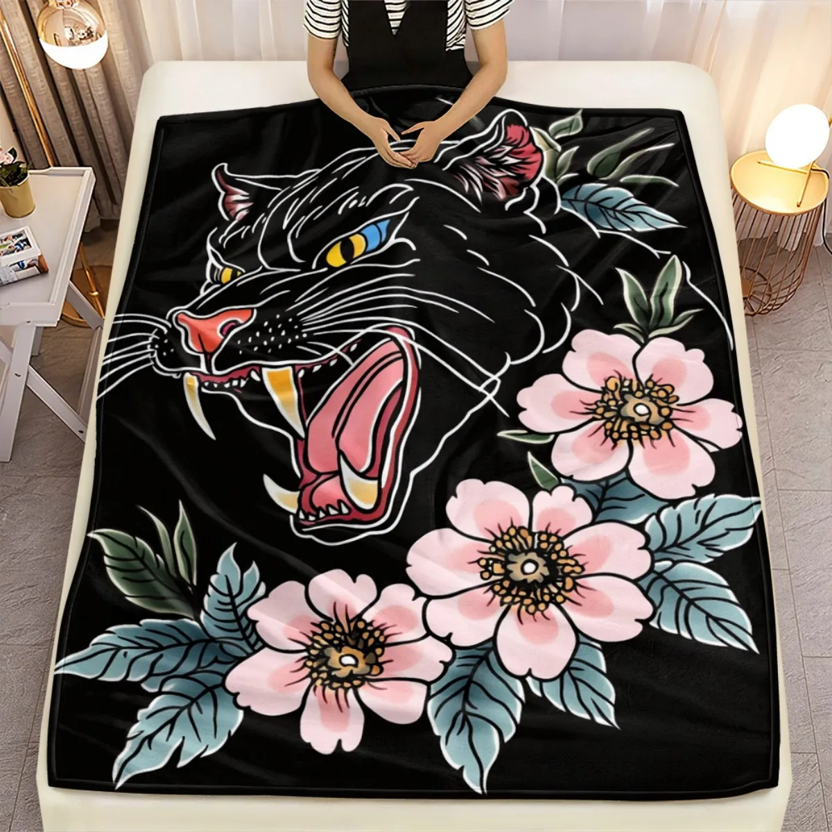 Black Panther Floral Tattoo Style Fleece Blanket Japanese Art Design Soft Warm Throw Blanket for Bed Couch Home Decor Gift Idea