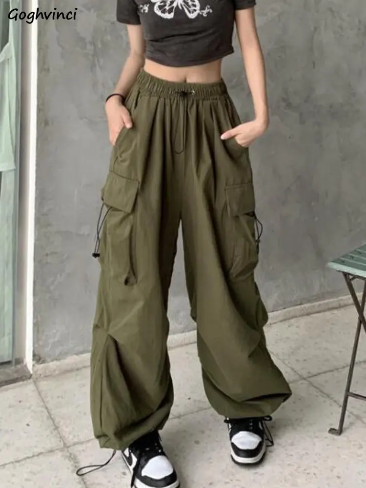 

Cargo Pants Women Drawstring Cool American Retro Pure Baggy Casual Streetwear Pockets Chic All-match Ulzzang Summer High Waist