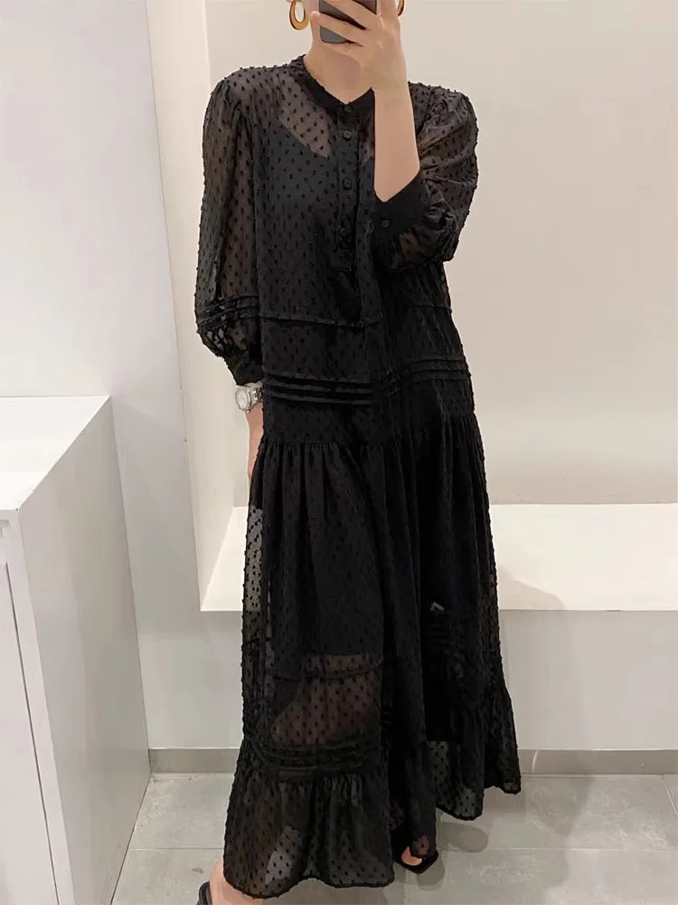 Topenomi French Elegant Chiffon Evening Dresses Women Autumn Solid O-neck Hook Flower Design Loose Long Wedding Party Long Dress