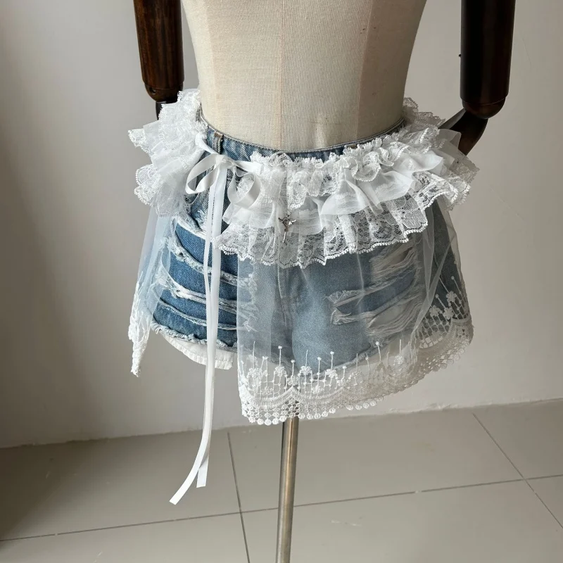 

Korean Fashion Lace Irregular Skirt Curtain White Flowers Lace Mesh Halfbody Skirt Women Summer Bottoms Jeans Decorative Hemline