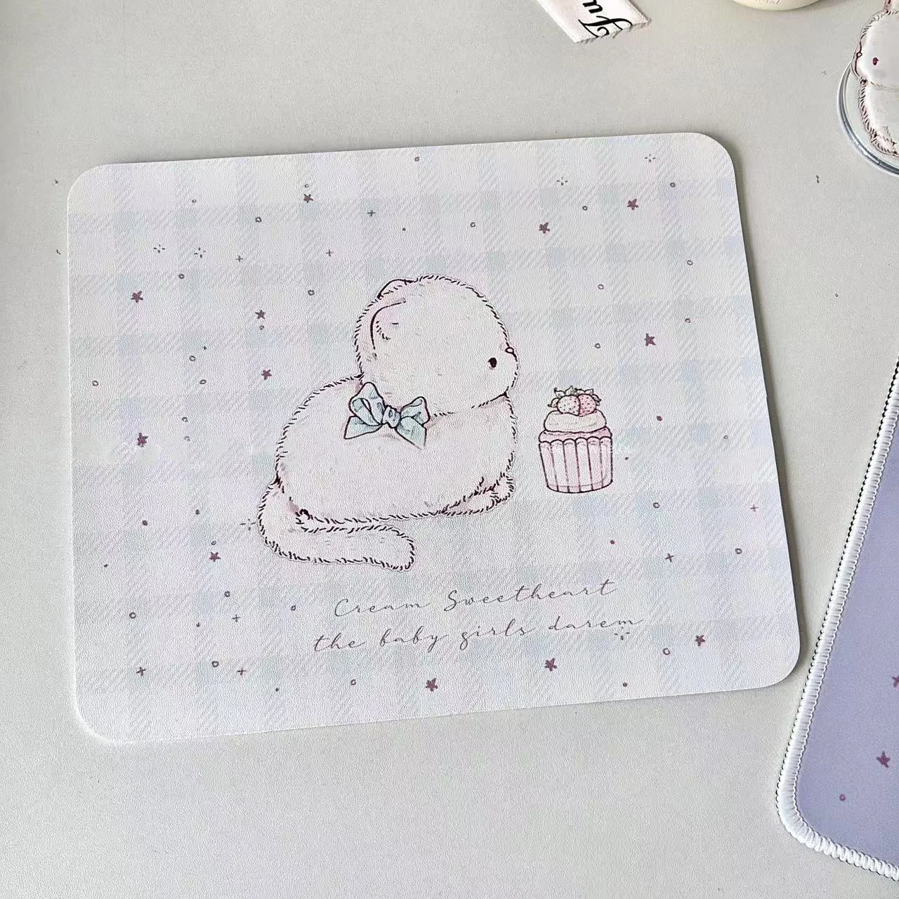 Cute Pink Rabbit Blue Leather Desk Pad Mouse Protector Small Mouse Pad Home Office Game Desk Mat PU Leather Pc Laptop Table Mat