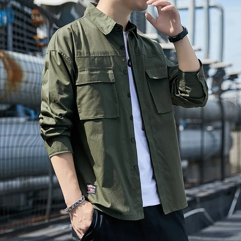 قميص رجالي جديد بجيب مزدوج بأكمام طويلة، ملابس عمل فضفاضة، كاجوال ومتعدد الاستخدامات، سترة برقبة مربعة وسيم وعصري للرجال #1