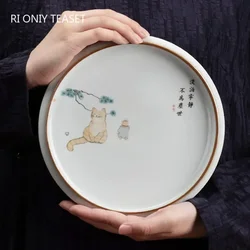 Chinese Ru Kiln Ceramic Tea Tray Teapot Teacup Mat Cute Cat Pot Bearing Round Gaiwan Tray Household Tea Set Decors Accessories
