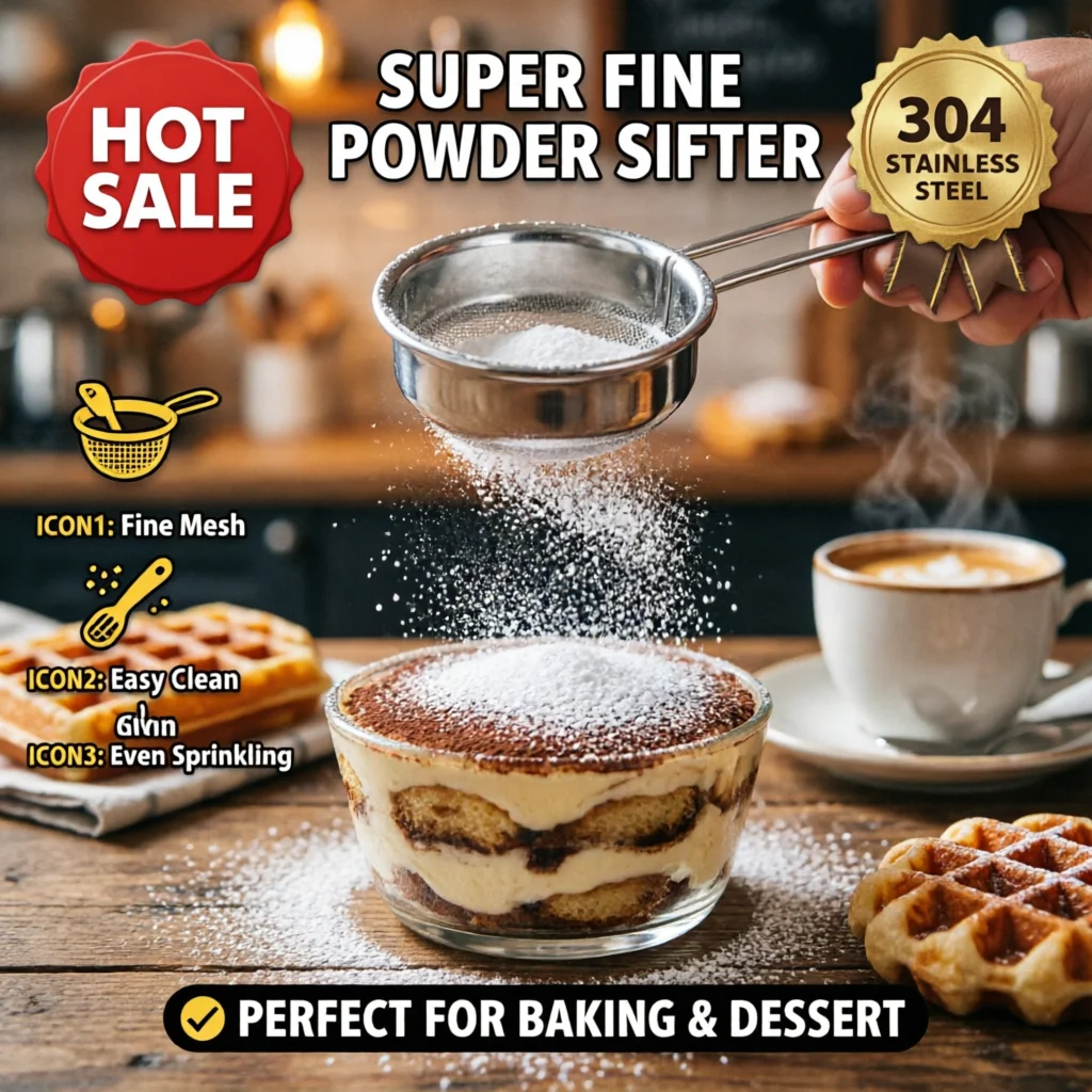 

304 Stainless Steel Fine Mesh Sugar Powder Sifter 40 Mesh Baking Cocoa Flour Strainer Handheld Dusting Siever for Baking Kitchen
