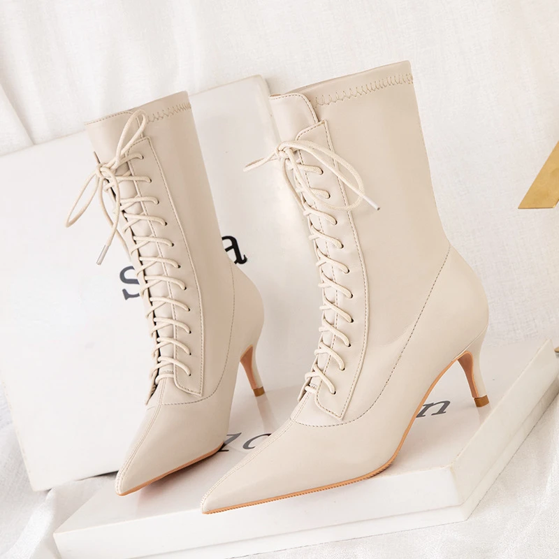 Luxury Brand 2022 Women\'s Boots Fashion Lace-up Pointed Thin Heels Boots Female Elastic Boots Plus Size 43 Ankle Boots Women