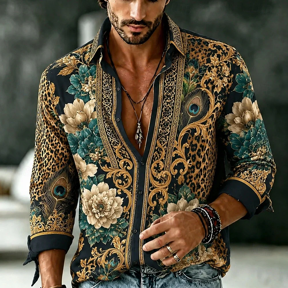 New Black Bottom Gilded Peacock Flower Leopard Pattern Baroque Shirt Retro Men's 3D Printed Long Sleeve Shirt