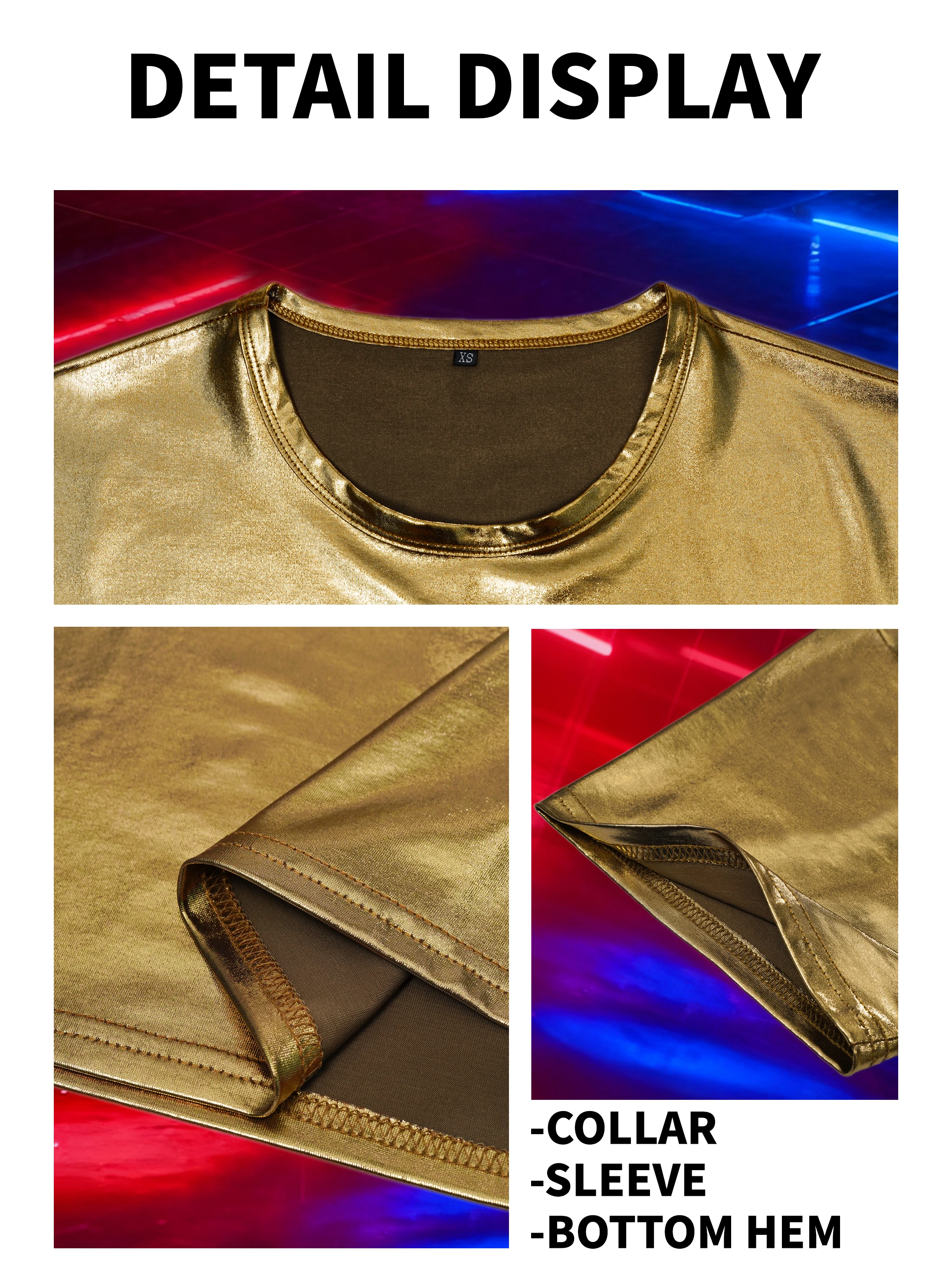 Herren Gold Glänzendes Kurzarm-T-Shirt, Party, Sport, Modisches Freizeit-Oberteil – Detail 8