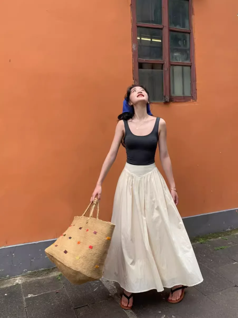 

Ele High Waist A-Line Midi Skirt Women's Summer Slimming Versatile Vintage Umbrella Skirt Classic Sle Pure Color