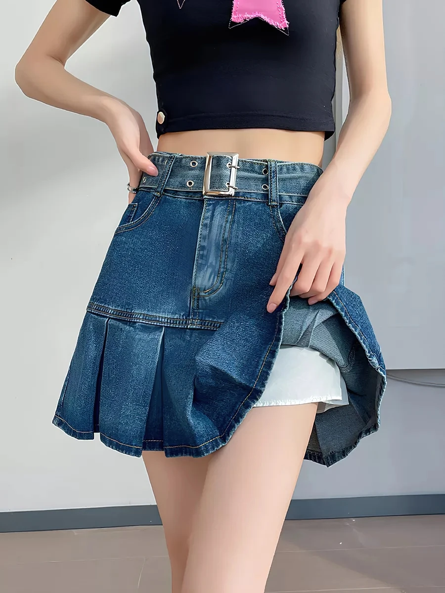 2024 New Design High Waist Slim A-line Short Skirt Y2k Spicy Girl Cowboy Half Skirt Women's Summer Pleated Skirt