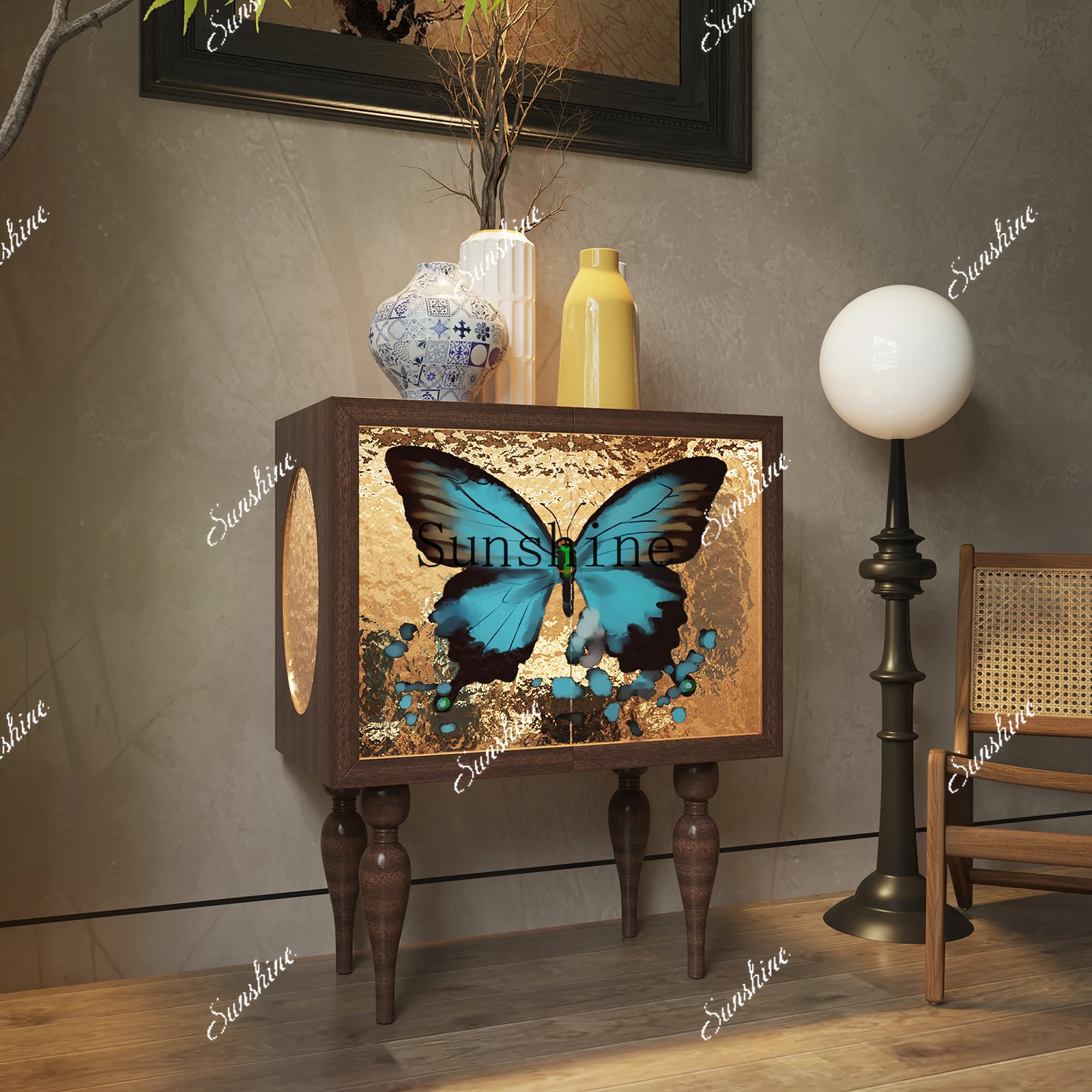 French retro butterfly side cabinet living room entrance bedroom storage decoration stained glass  FT
