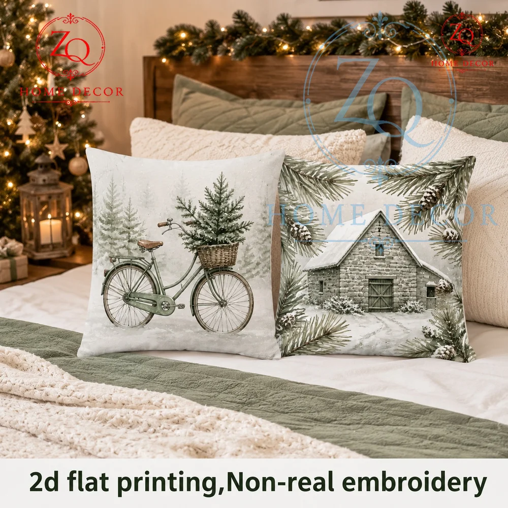 Vintage Christmas Farmhouse Throw Pillow Covers Rustic Bicycle Snowy Pine Tree Winter Cushion Cases  Inch Soft Linen Pillowcases