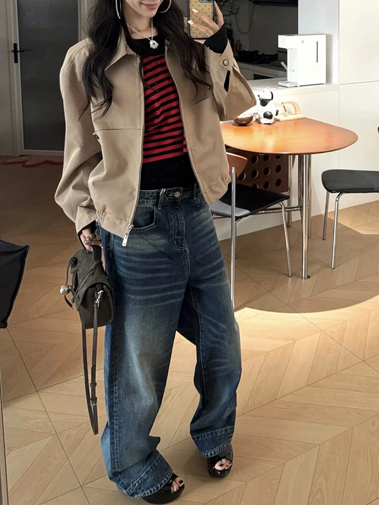 Retro checkered patchwork short jacket, women's lapel zipper workwear jacket, niche design sense, casual and versatile top