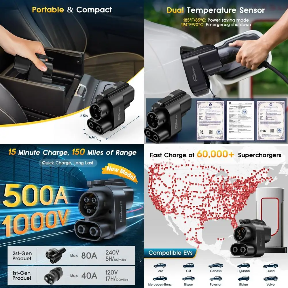 

Адаптер NACS к CCS1 для Tesla Supercharger V3 и V4-500A, быстрая зарядка 1000 В, совместимый с Ford/General Motors/Genesis/Hyundai