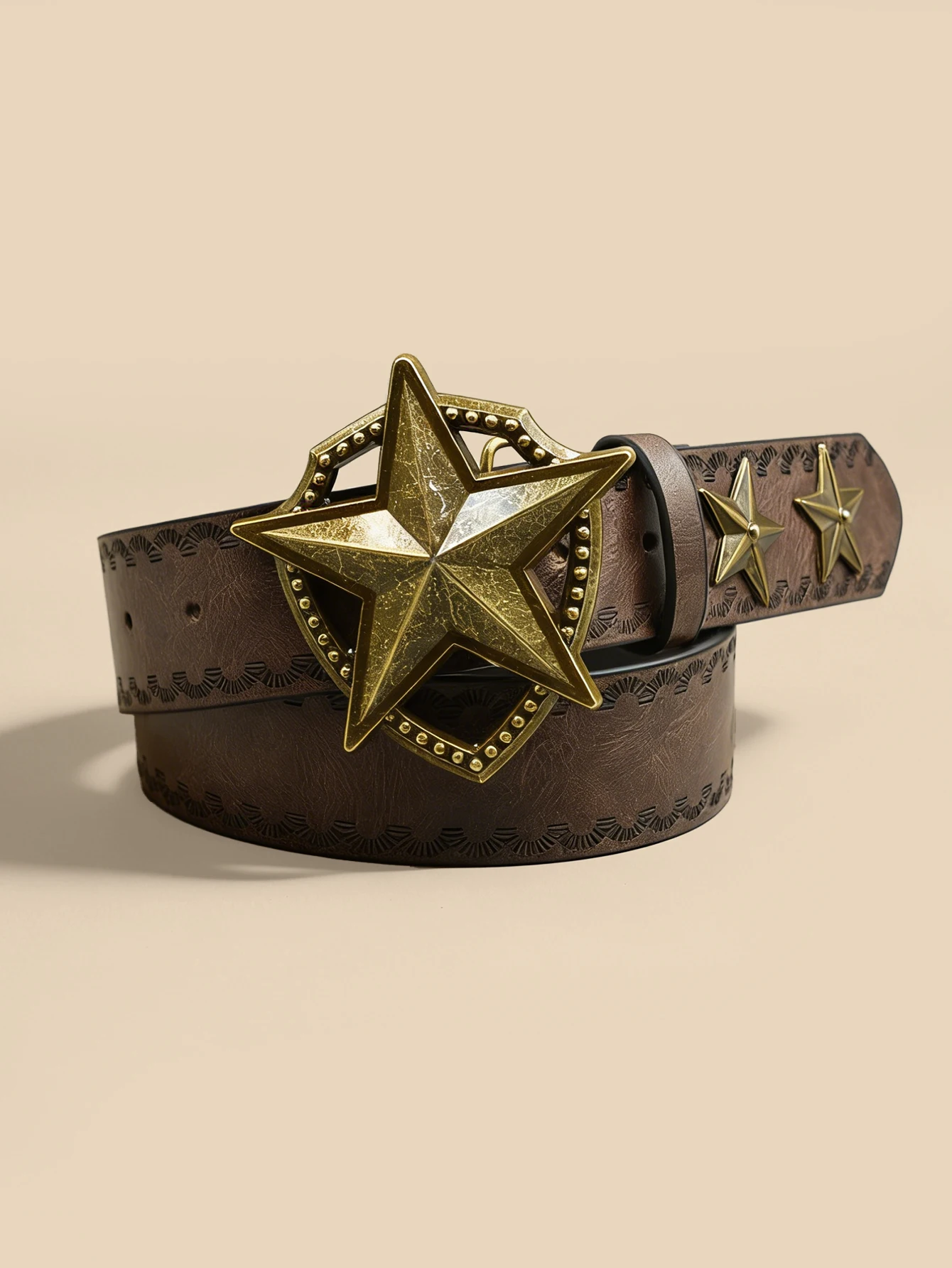 Western Star Buckle Belt Brown Embossed Women's Vintage Waistband Retro Distressed Decorative Accessory