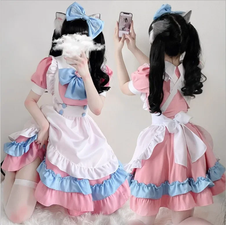 Super Cute Big Bow Lolita Dress Women's Clothing Boss Pink and Blue Cute Dress S-4XL Large Size Maid Outfit  Cos