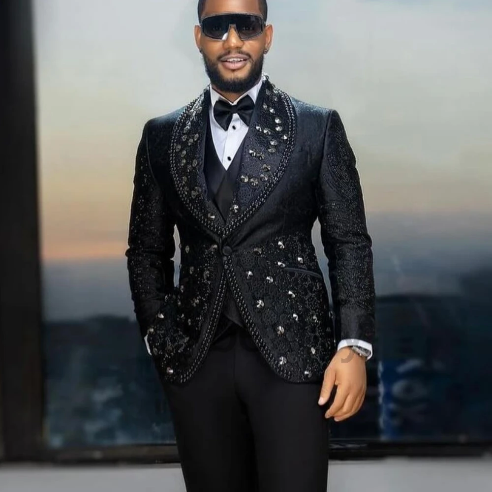 Olibexley Black Diamond Beaded Men Suits 3 Pieces Sets Groom Wedding Tuxedos Male Prom Blazers Ropa Hombre Customized S366