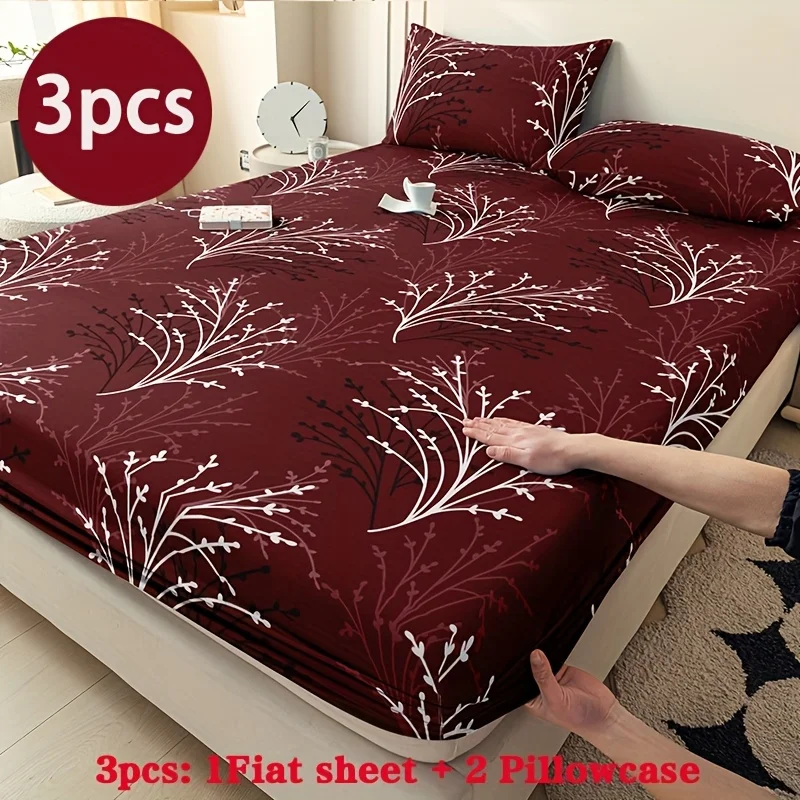 Floral Print Bedding Set Suitable for Single, Double, and Large Beds. Bedding Set, 3-Piece Bedding Set (Includes 1 Fitted Sheet + 2 Pillowcases), 3-Piece Set, Large Deep-Pocket Fitted Sheet with 2 Pillowcases, Mattress Protector, Fitted Sheet Style with Elastic Band, Protective Cover, Mattress Protector, Suitable for All Seasons, Machine Washable Design, Holiday Decoration, Various Sizes, Breathable Protective Cover Plus Pillowcases