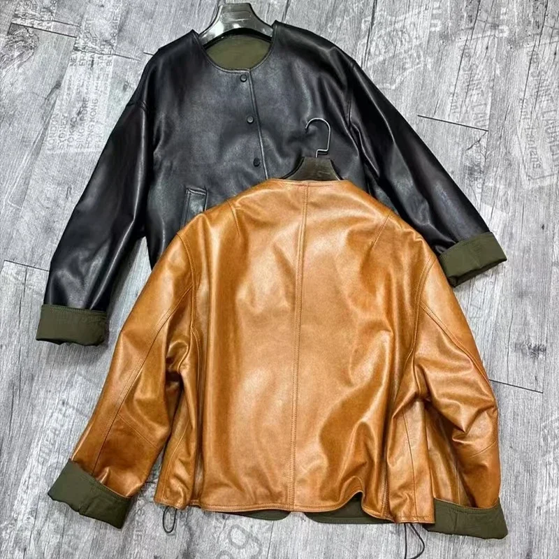 معطف نسائي ربيعي من الجلد الطبيعي سترة عصرية فاخرة قابلة للعكس بصدر واحد ملابس قصيرة الطول ذات جودة عالية