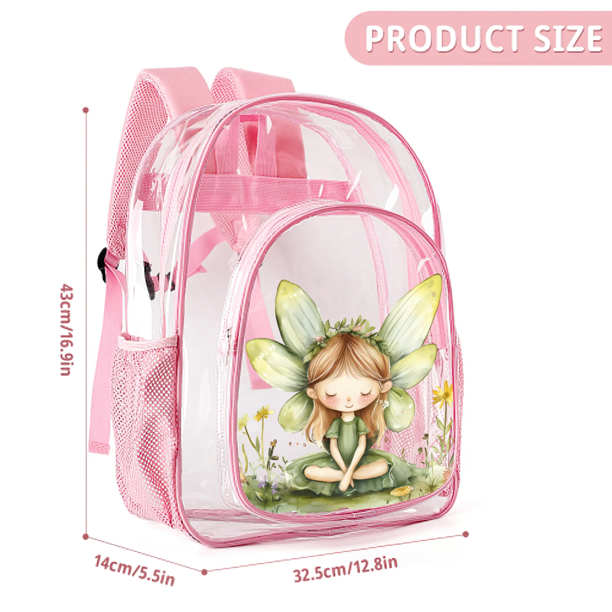 Mochila de hadas transparente de PVC para niños de 16,9 pulgadas con flores, bolso escolar rosa para actividades temáticas de niñas, uso diario, regalo de mochila