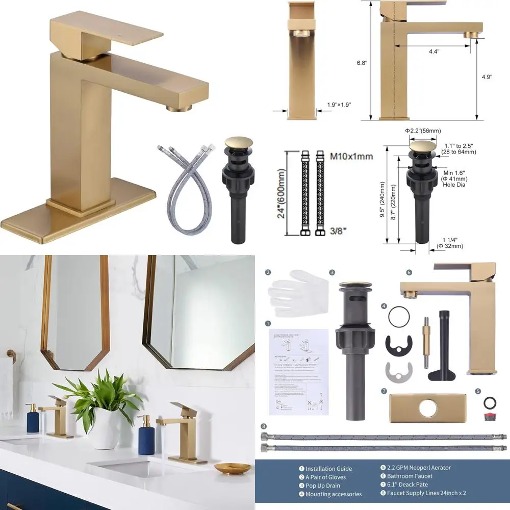 

Modern Brushed Gold 3-Hole Lavatory Sink Faucet with Pop-Up Drain and Deck Plate